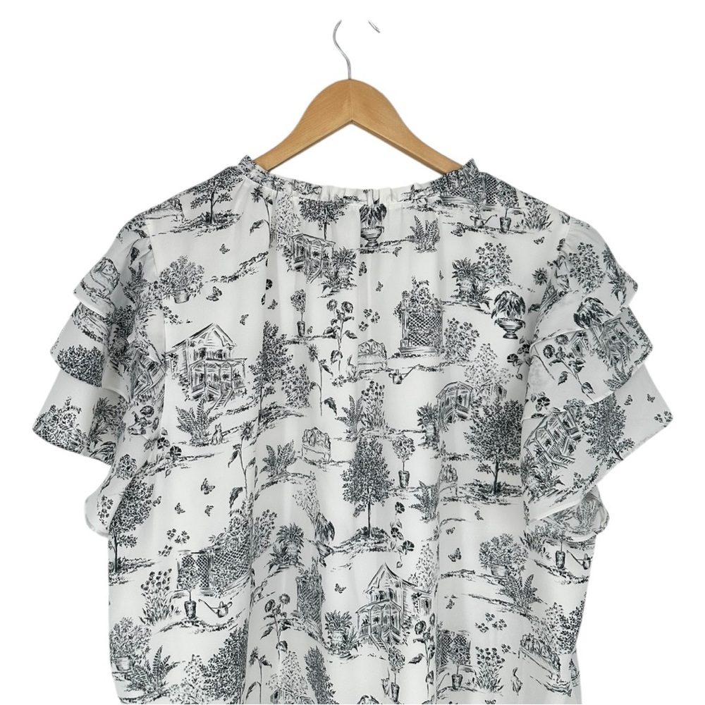 Sugarlips Renzo Toile Ruffle Blouse Short Flutter Sleeves size 2X Keyhole V Neck - Picture 6 of 11